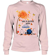 Load image into Gallery viewer, Life is better with Vancouver Canucks snoopy sleeping under autumn tree hoodie