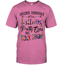 Load image into Gallery viewer, Welder Assistant with Tattoos Pretty eyes and thick thighs White T Shirt