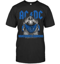 Load image into Gallery viewer, Ac dc skeleton holds Vancouver Canucks flag t shirt