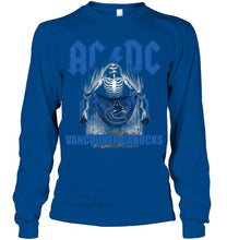 Load image into Gallery viewer, Ac dc skeleton holds Vancouver Canucks flag t shirt