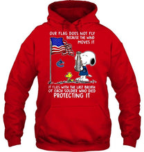 Load image into Gallery viewer, Flag does not fly because wind moves it It flies with breath of soldier died protecting it Vancouver Canucks snoopy shirt
