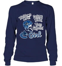 Load image into Gallery viewer, touch down lovin defense yellin team supportin Vancouver Canucks girl shirt