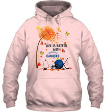 Load image into Gallery viewer, Life is better with Vancouver Canucks snoopy sleeping under autumn tree hoodie