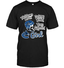 Load image into Gallery viewer, touch down lovin defense yellin team supportin Vancouver Canucks girl shirt
