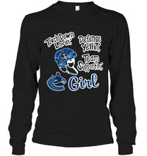 Load image into Gallery viewer, touch down lovin defense yellin team supportin Vancouver Canucks girl shirt