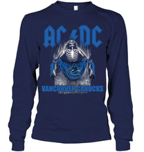 Load image into Gallery viewer, Ac dc skeleton holds Vancouver Canucks flag t shirt