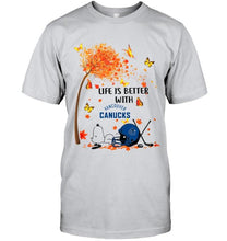 Load image into Gallery viewer, Life is better with Vancouver Canucks snoopy sleeping under autumn tree hoodie