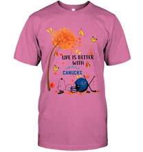 Load image into Gallery viewer, Life is better with Vancouver Canucks snoopy sleeping under autumn tree hoodie