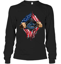 Load image into Gallery viewer, Vancouver Canucks superman ripped american flag shirt