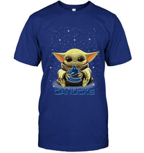 Load image into Gallery viewer, Baby yoda hug Vancouver Canucks in starry night star wars the mandalorian fan t shirt