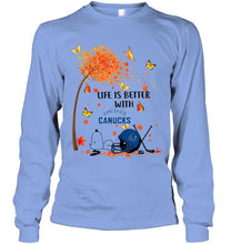 Load image into Gallery viewer, Life is better with Vancouver Canucks snoopy sleeping under autumn tree hoodie