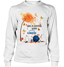 Load image into Gallery viewer, Life is better with Vancouver Canucks snoopy sleeping under autumn tree hoodie