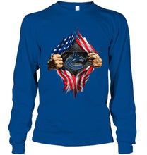 Load image into Gallery viewer, Vancouver Canucks superman ripped american flag shirt