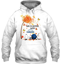 Load image into Gallery viewer, Life is better with Vancouver Canucks snoopy sleeping under autumn tree hoodie