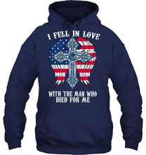 Load image into Gallery viewer, I fell in love with the man who died for me Vancouver Canucks jesus cross wings shirt