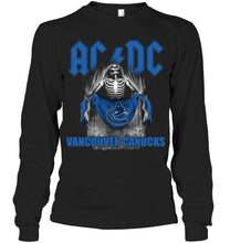 Load image into Gallery viewer, Ac dc skeleton holds Vancouver Canucks flag t shirt