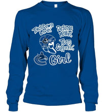 Load image into Gallery viewer, touch down lovin defense yellin team supportin Vancouver Canucks girl shirt