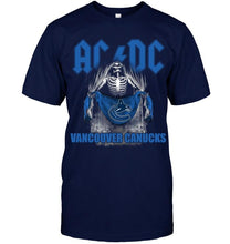 Load image into Gallery viewer, Ac dc skeleton holds Vancouver Canucks flag t shirt