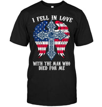 Load image into Gallery viewer, I fell in love with the man who died for me Vancouver Canucks jesus cross wings shirt