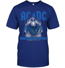 Load image into Gallery viewer, Ac dc skeleton holds Vancouver Canucks flag t shirt
