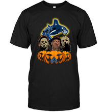 Load image into Gallery viewer, Vancouver Canucks halloween Michael Myers Freddy Krueger Jason pumpkin shirt