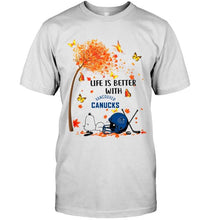 Load image into Gallery viewer, Life is better with Vancouver Canucks snoopy sleeping under autumn tree hoodie