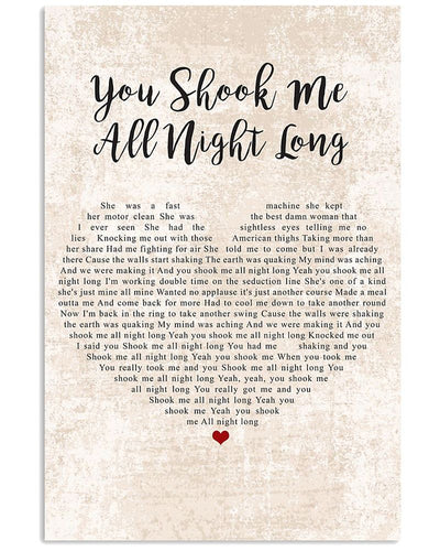 AC/DC You Shook Me All Night Long Lyrics - Vintage Heart Song Unframed Satin Paper Poster, Framed Canvas Wall Decor